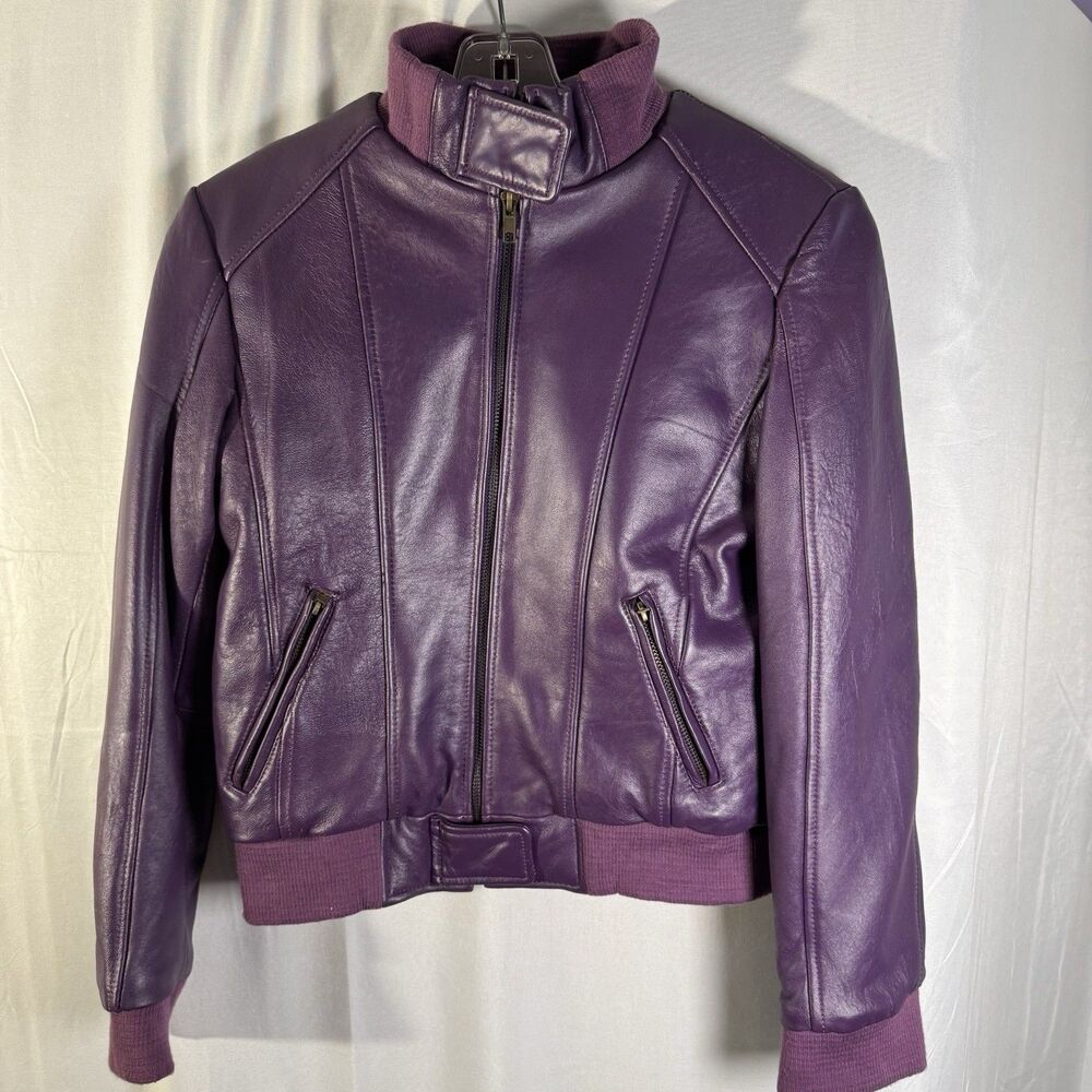 Leather Company Girls Purple Leather Bomber Jacket Size 14 Zip Pockets Flaws